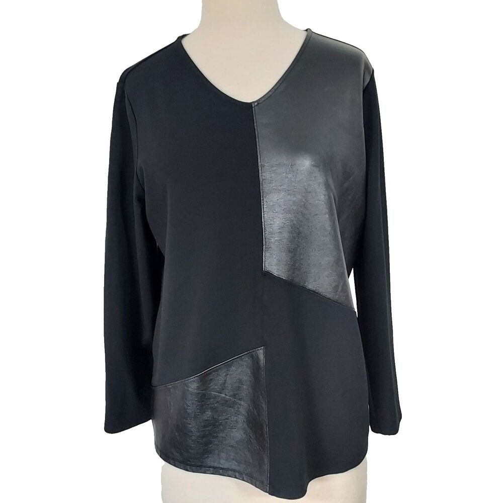 Chicos Shirt Top Size 2 Women Large Black Faux Leather Panels Long Sleeve V Neck